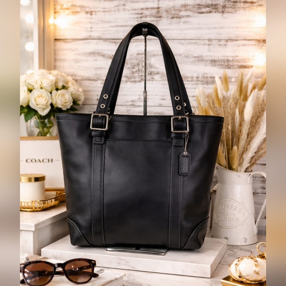 COACH VINTAGE HAMPTON BLACK SHOULDER BAG TOTE SMOOTH‎ LEATHER PURSE WORK